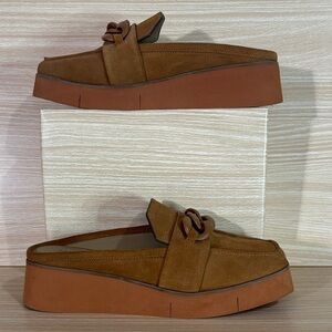 Naked Feet Elect Camel Suede Platform Mule Loafers Chain Detail 9